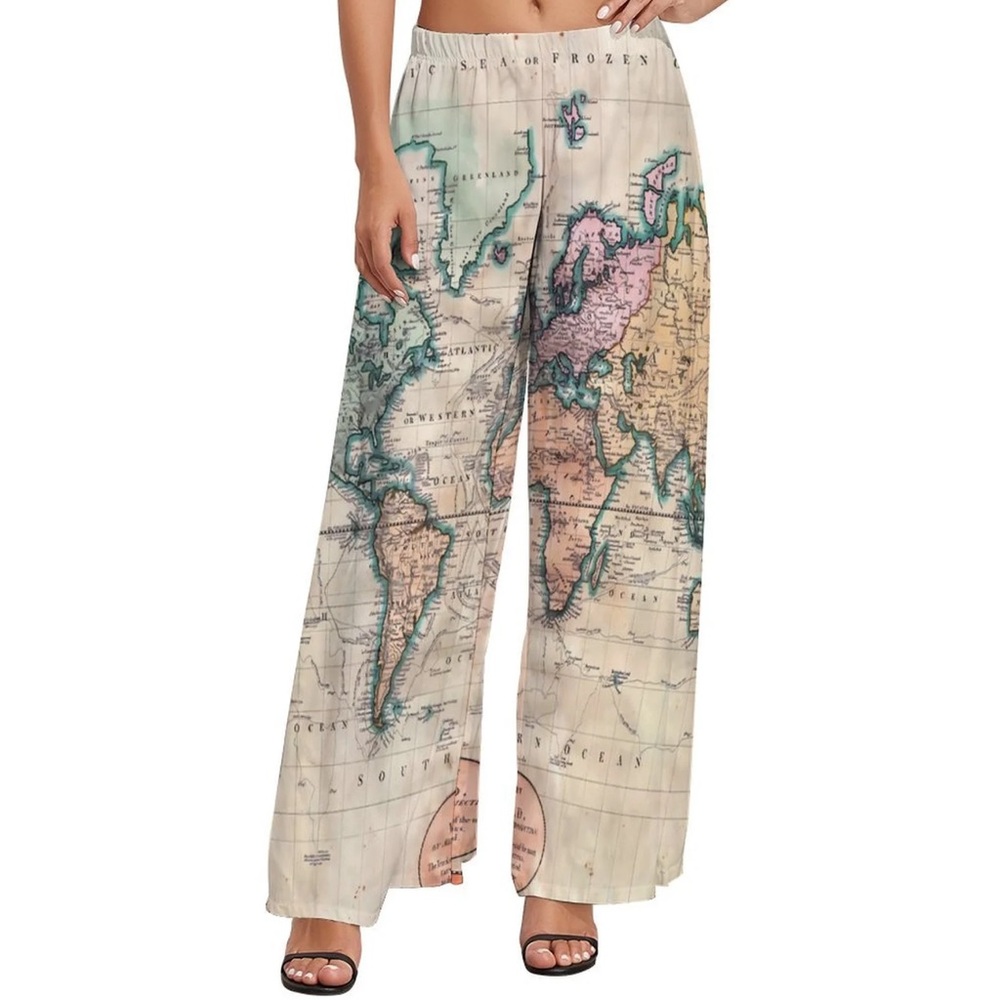 Vintage Map Print Wide-Leg Pants